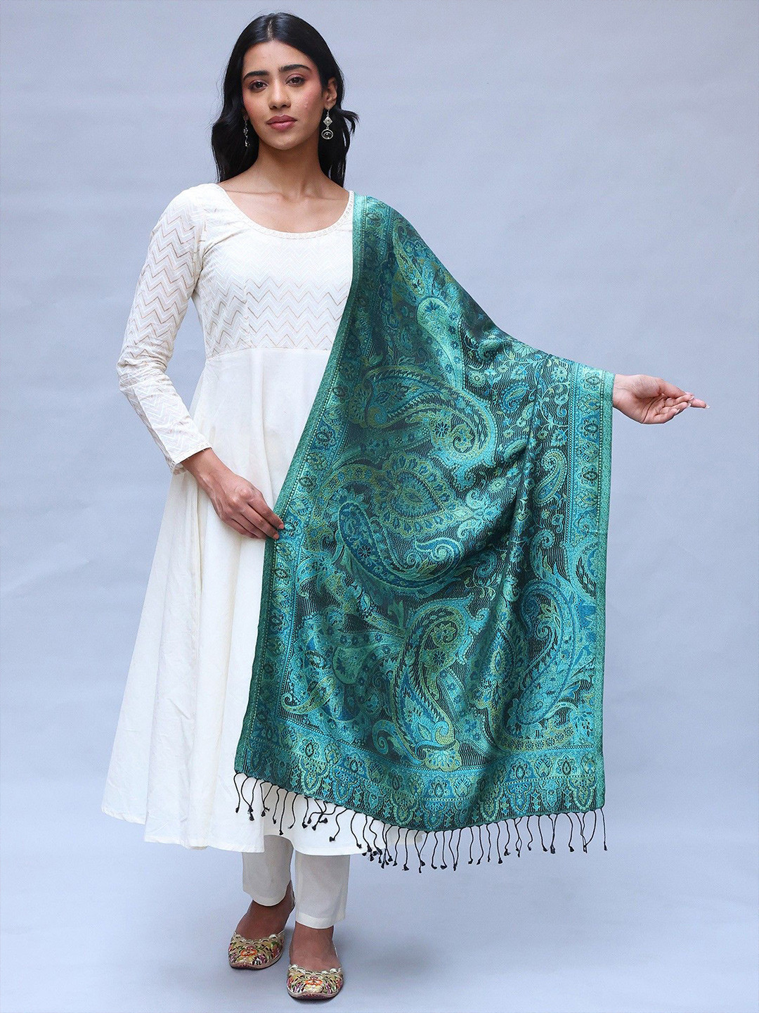 Exotic India Women Reversible Super Silk Jamawar Stole with All-Over Weave