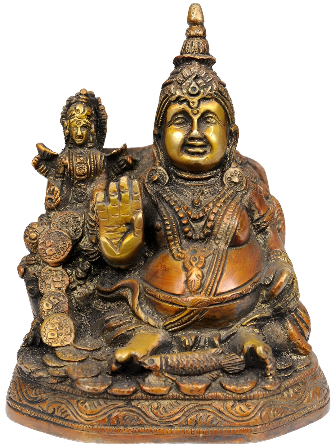 Exotic India Lord Kubera and Goddess Lakshmi Brown Brass Metallic Prayer Room Small Showpiece - 6 Inches