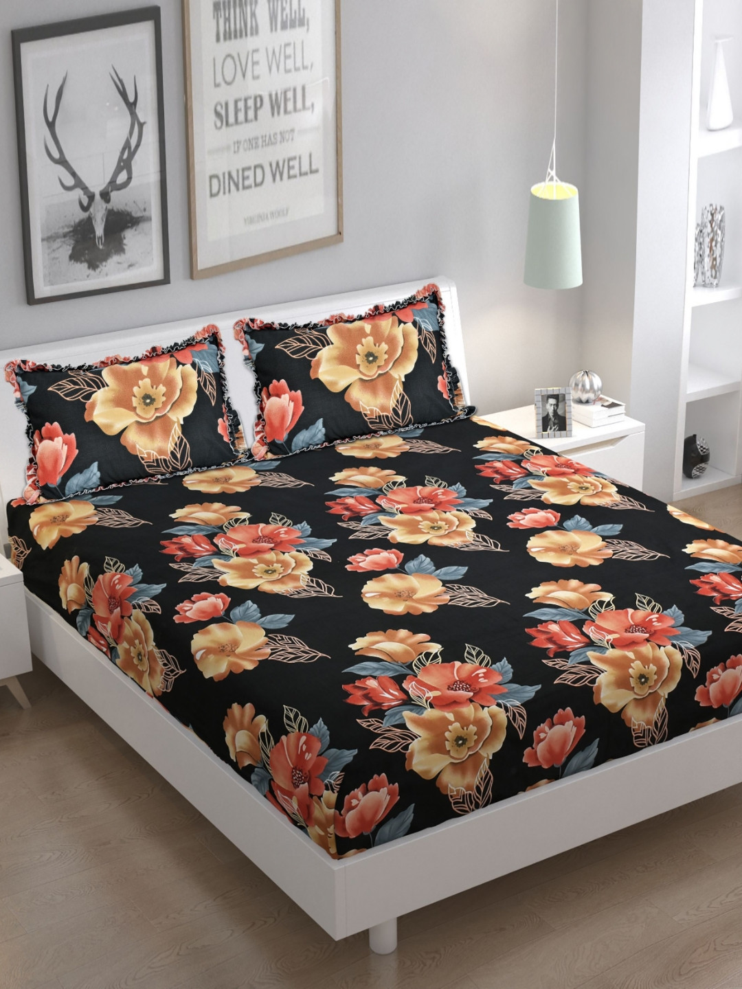 Luxmi Cotton Fabrics Black Floral Polycotton 144 TC Queen Bedsheet with 2 Pillow Covers-94 x 89 inches