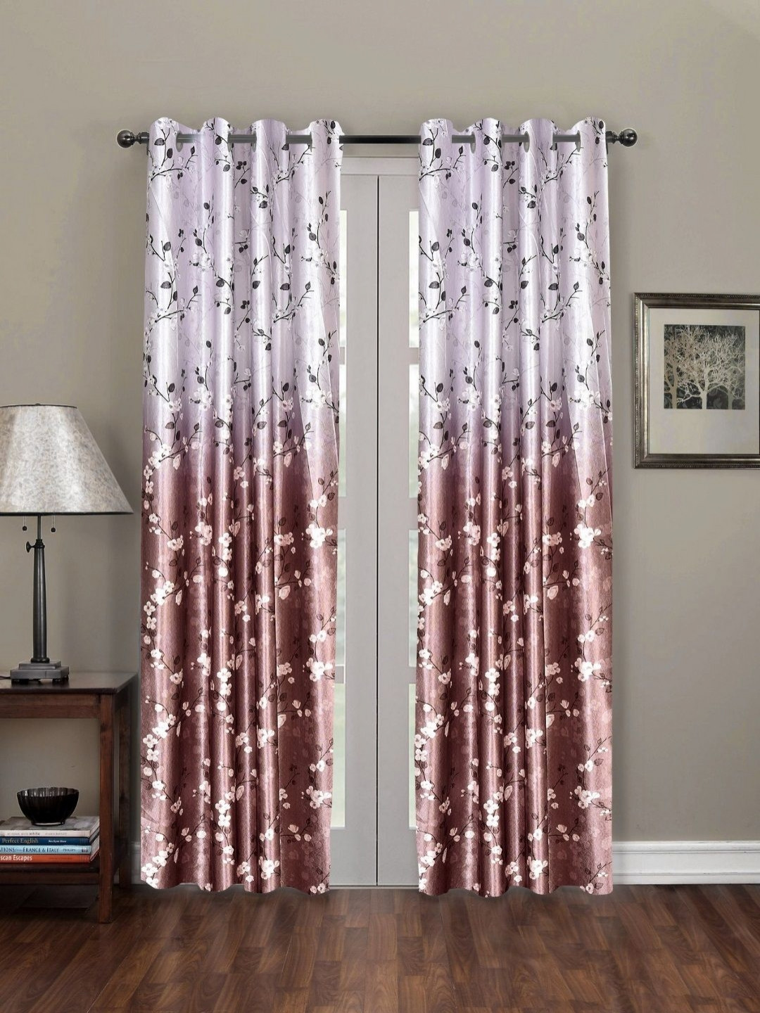 Myntra Elegant Homes Brown And Off White 2 Pieces Floral Printed Black Out Door Curtain