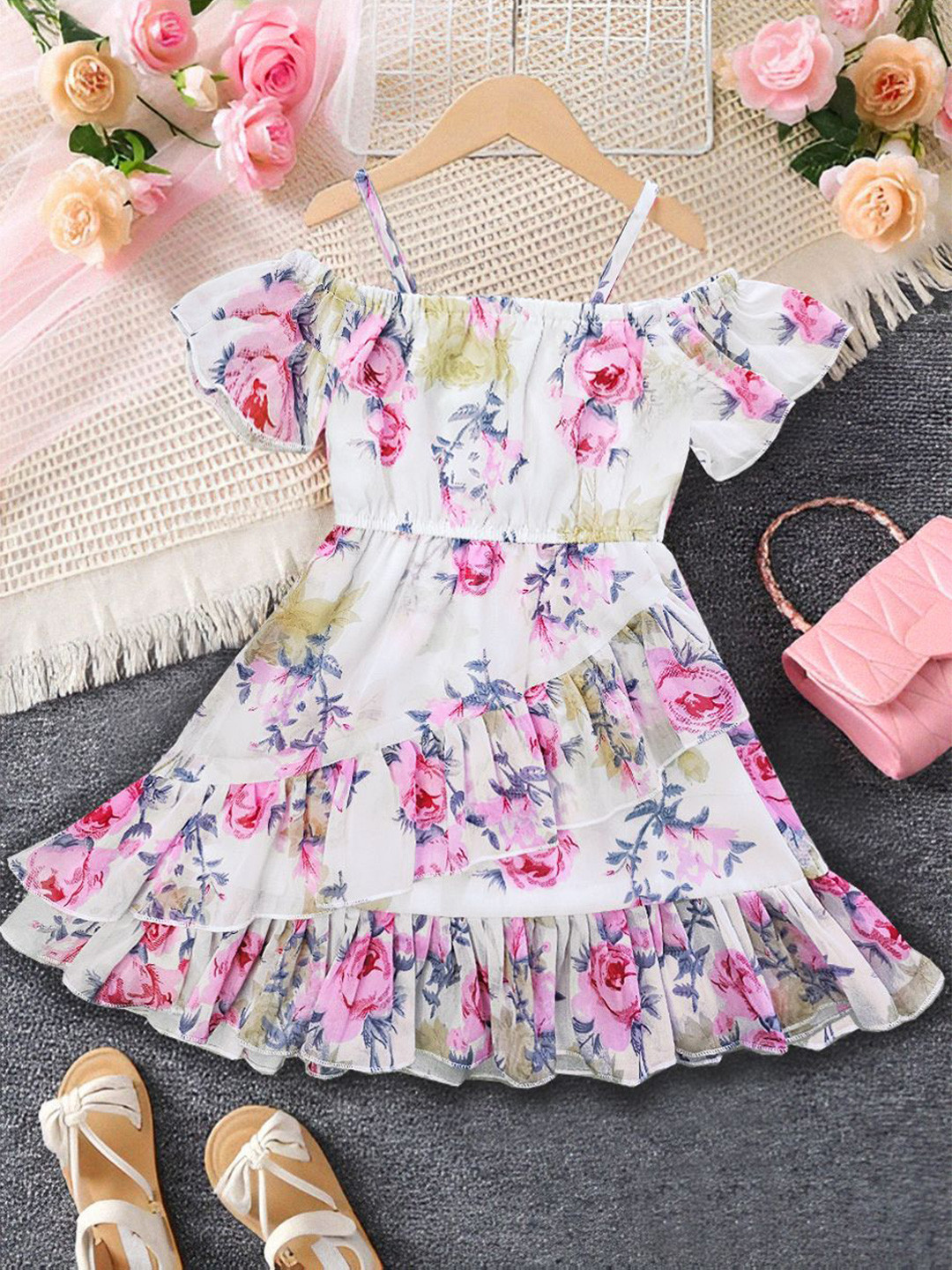 KAARIGARI Girls Floral Print Georgette Fit & Flare Midi Dress