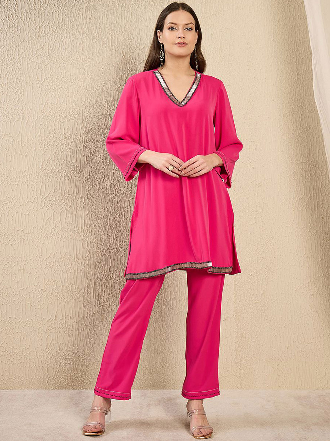 First Resort by Ramola Bachchan Pink Hand Embroidered V Neck Shirt With Trousers Co-Ords