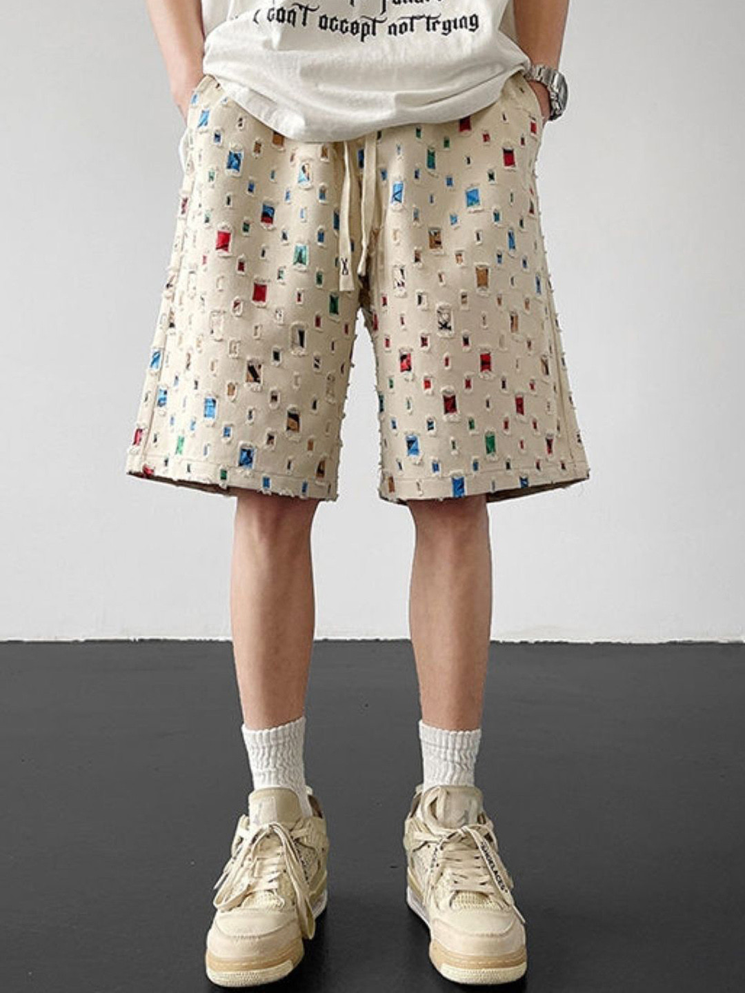 Men Cream Self Design Regular Fit Knee Length Shorts