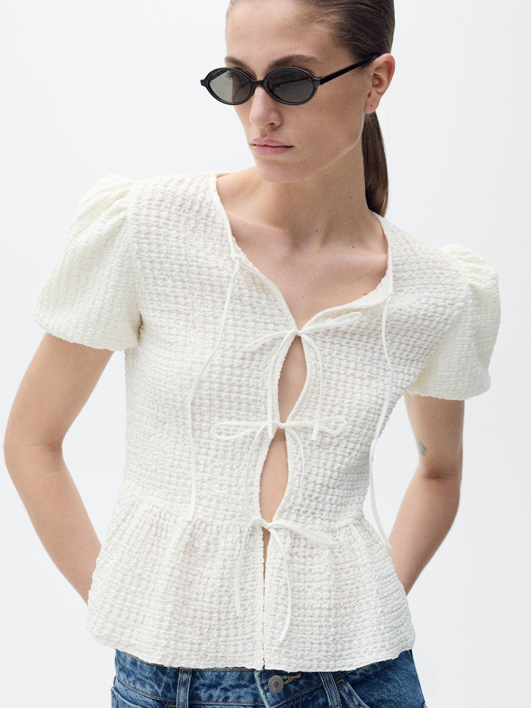 MANGO Textured Puff Sleeve Bow Tie-Ups Top