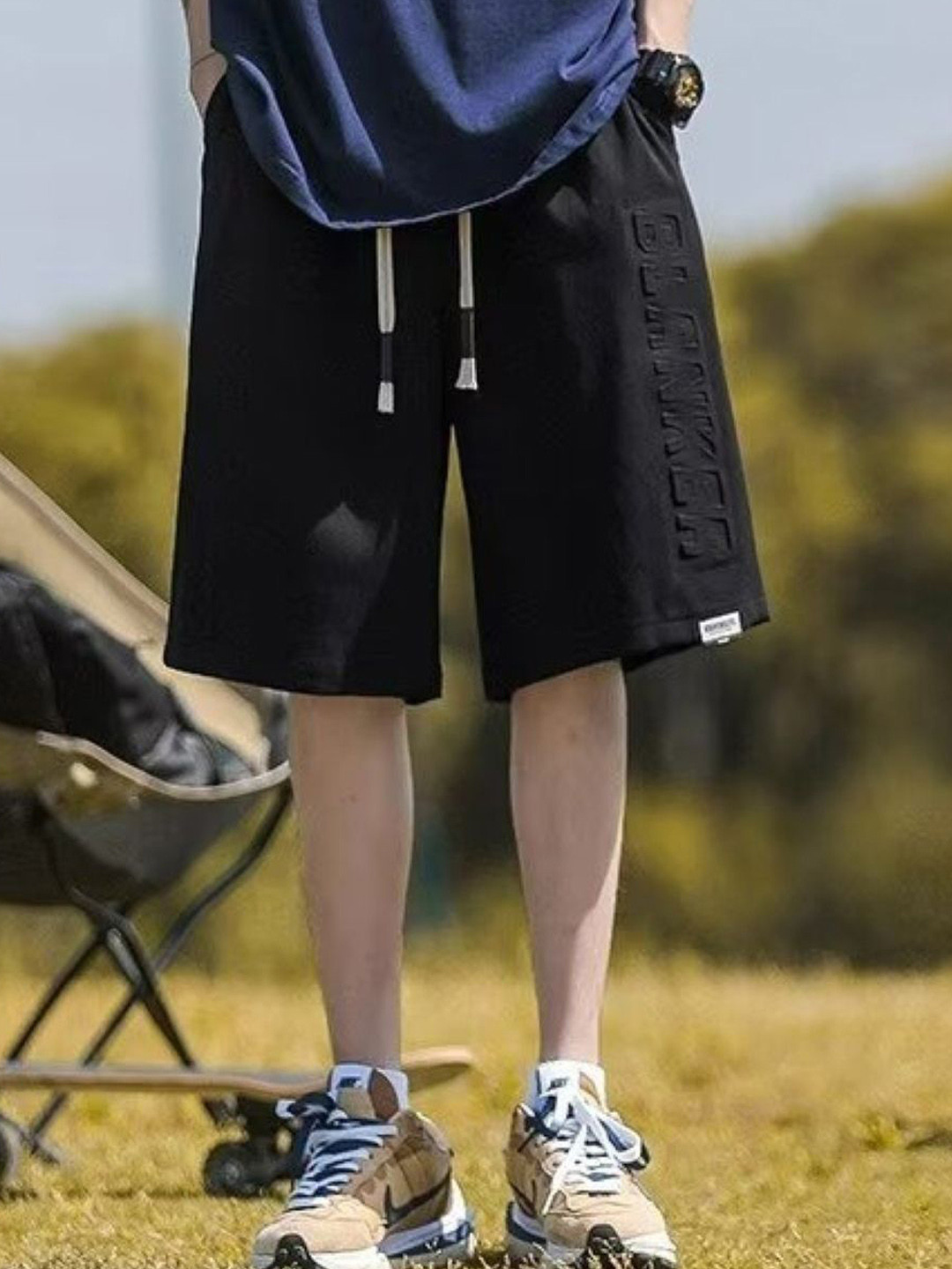 KPOP Men Loose Fit Black Solid Regular Shorts