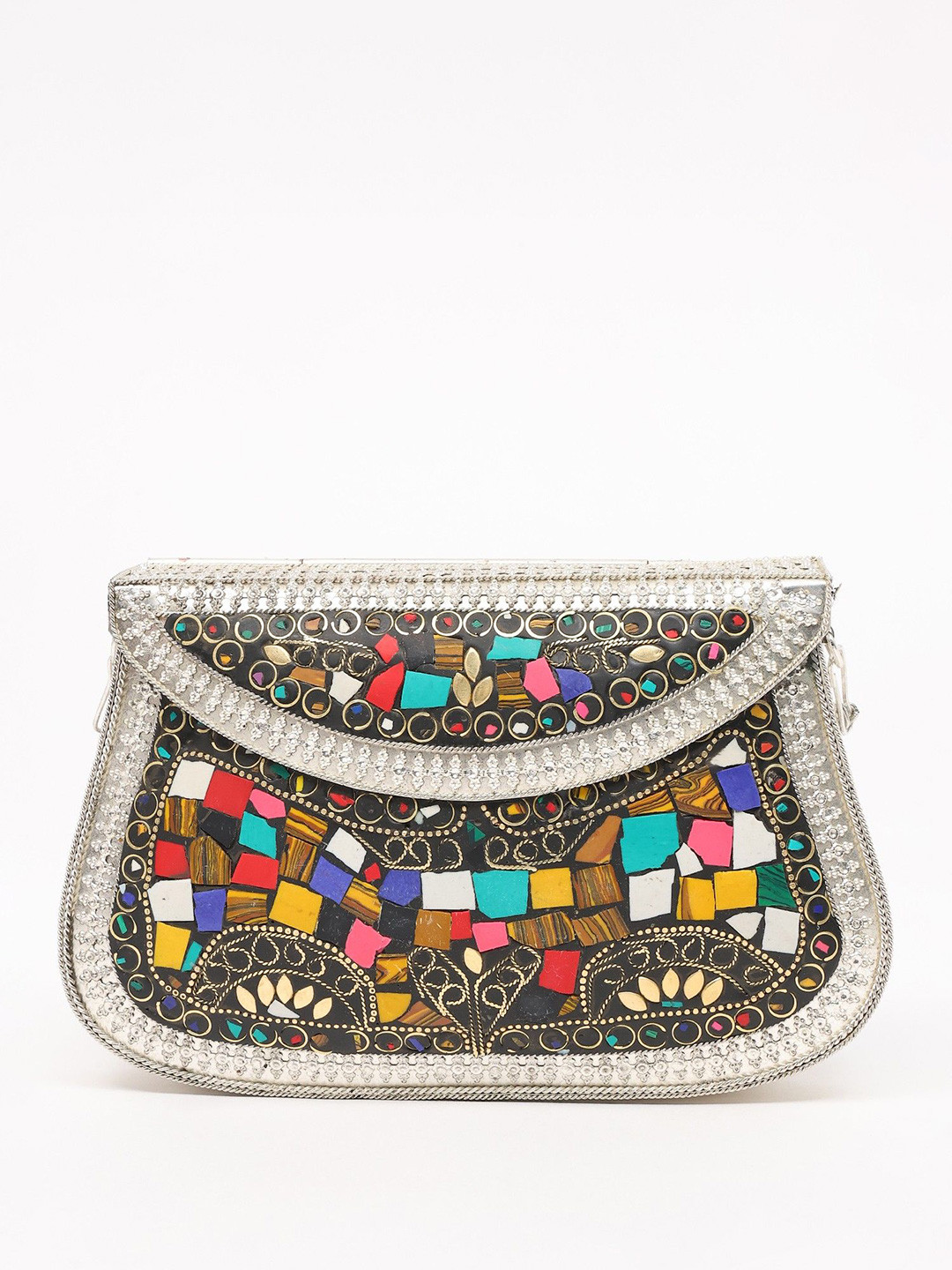 Exotic India Embellished Embroidered Box Clutch With Chain Strap