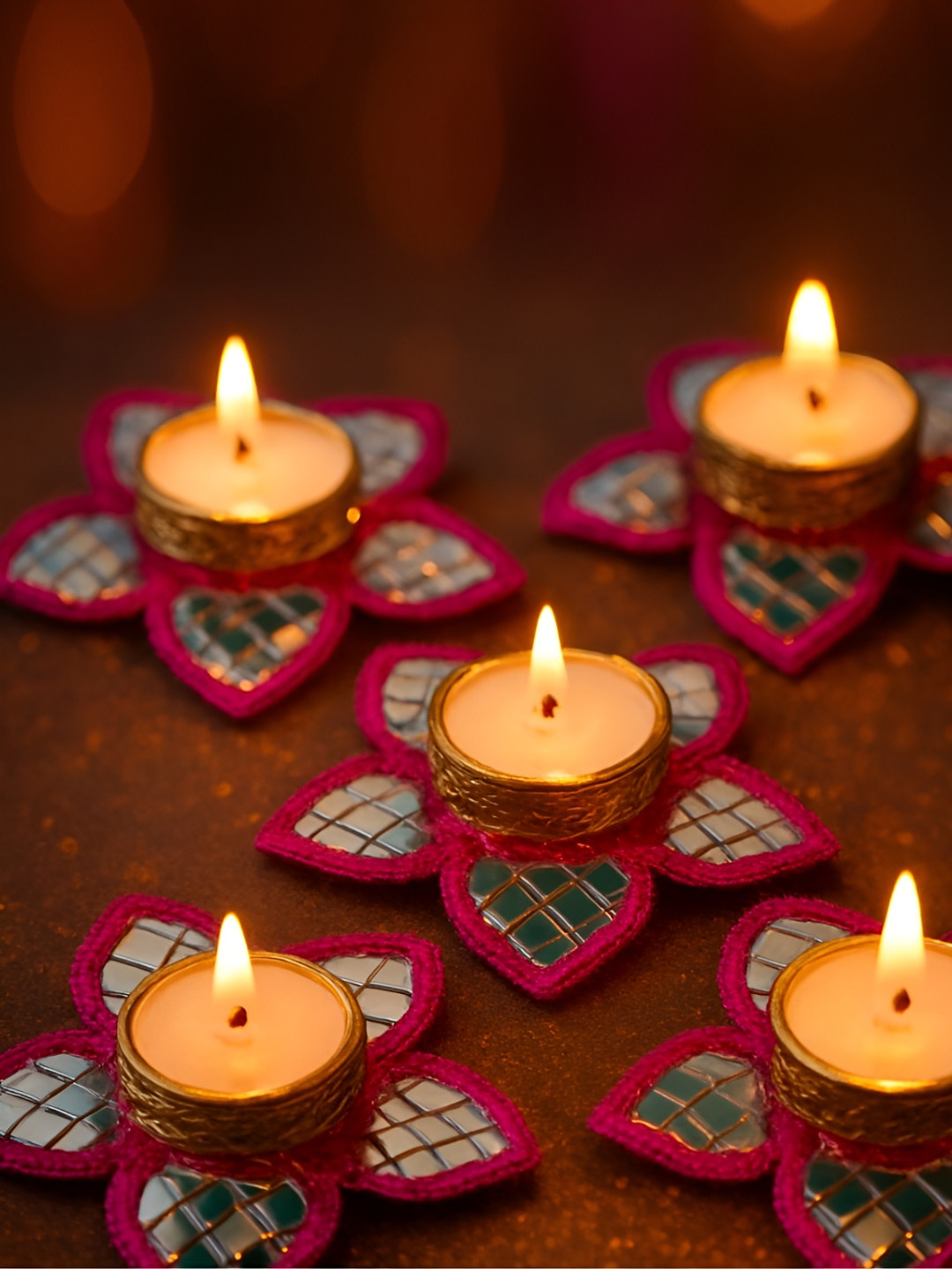 PUFFSMART 5-Pcs Grey & Pink Flower  Candle Holder