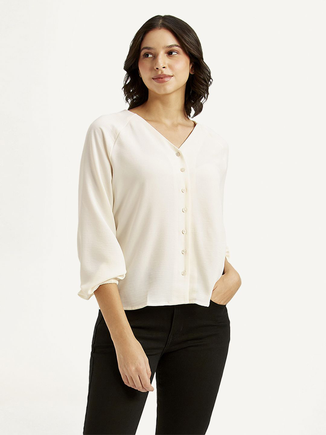 Levis Women's Solid Off-White V Neck Top