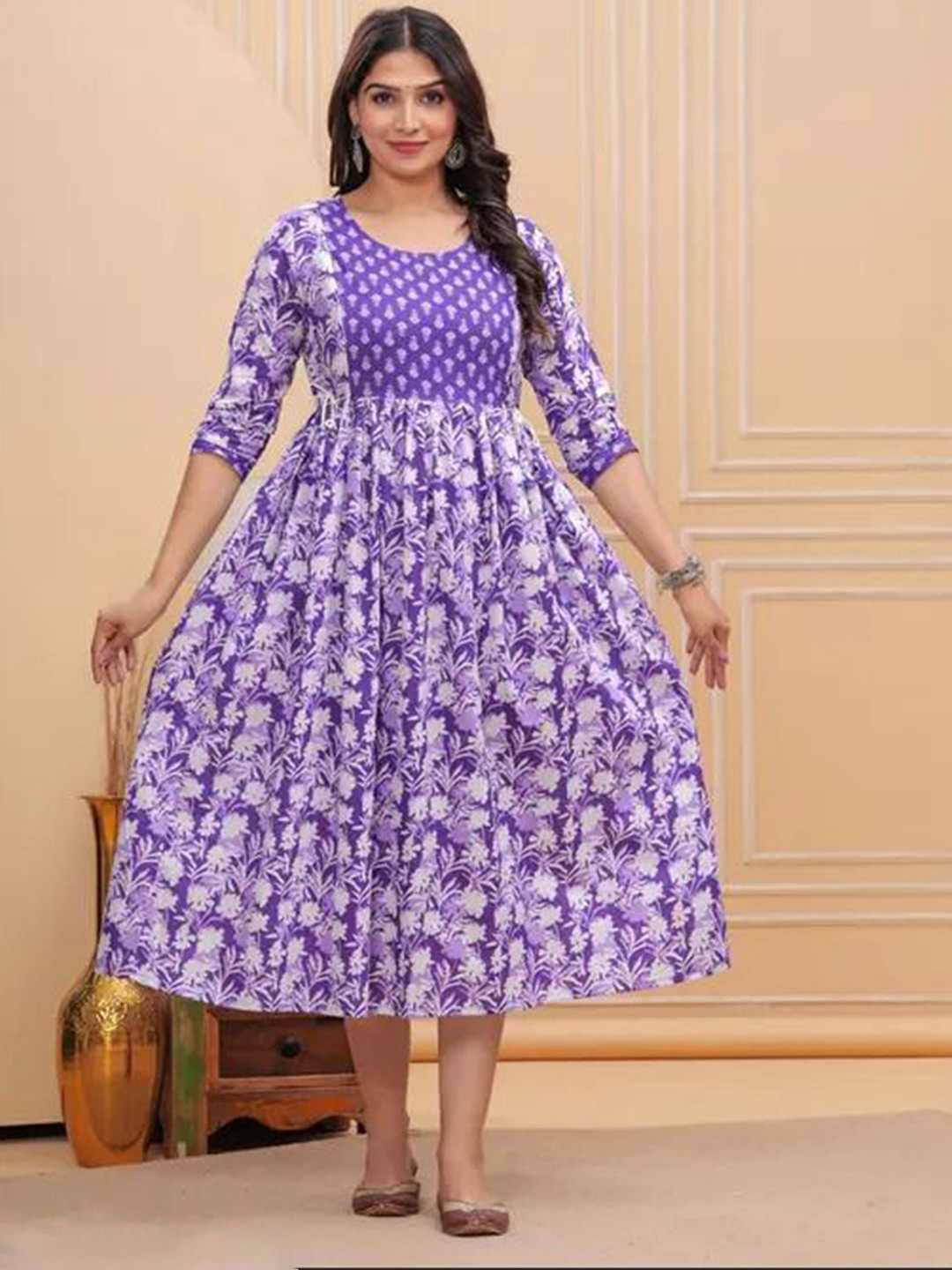 KIAARON Floral Printed Maternity Feeding Fit And Flare Ethnic Dress With Both Side Zippers