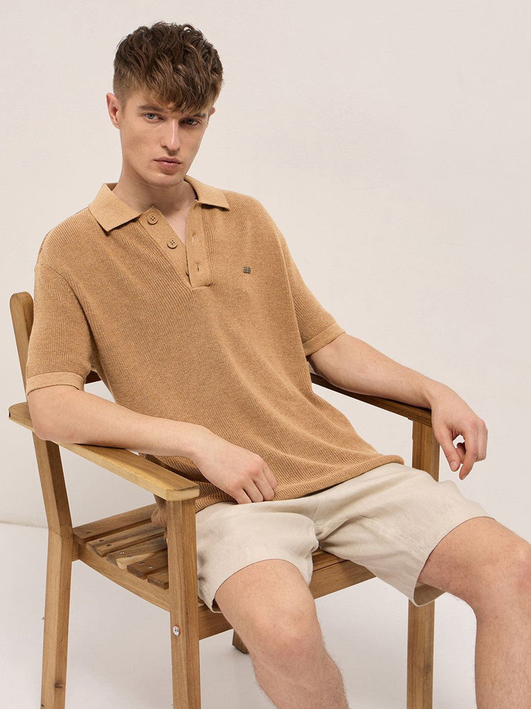 THE BEAR HOUSE Men Self Design Polo Collar Cotton Relaxed Fit T-shirt