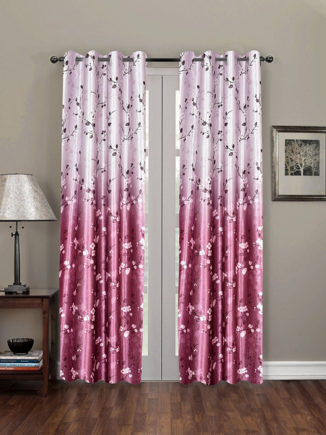Myntra Elegant Homes Pink And Burgundy 2 Pieces Floral Printed Black Out Door Curtain