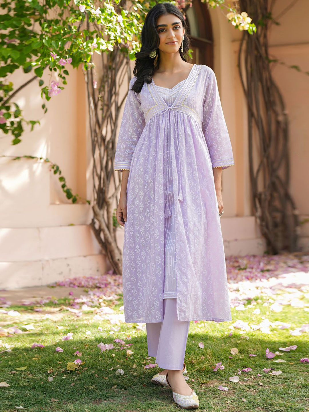 SCAKHI Women Lavender Cotton Mulmul Khari Printed Shrug, Kurta & Pant Set