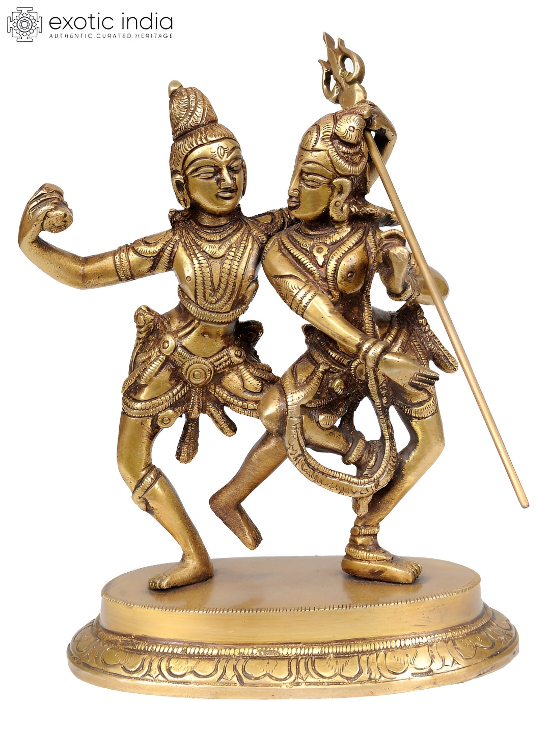 Exotic India Shivaparvati in Dancing Pose Gold Brass Metallic Prayer Room Hand Made Medium Showpiece - 6.5 Inches