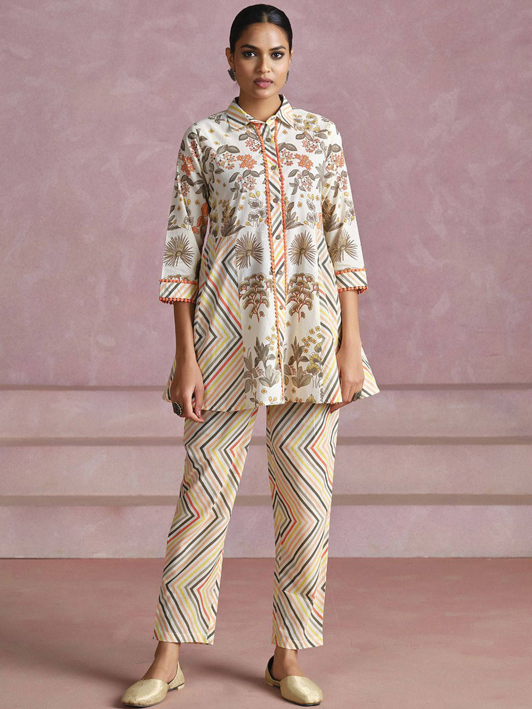 Jaipur Kurti Embroidered Shirt Collar Pure Cotton Top & Trousers Co-Ords