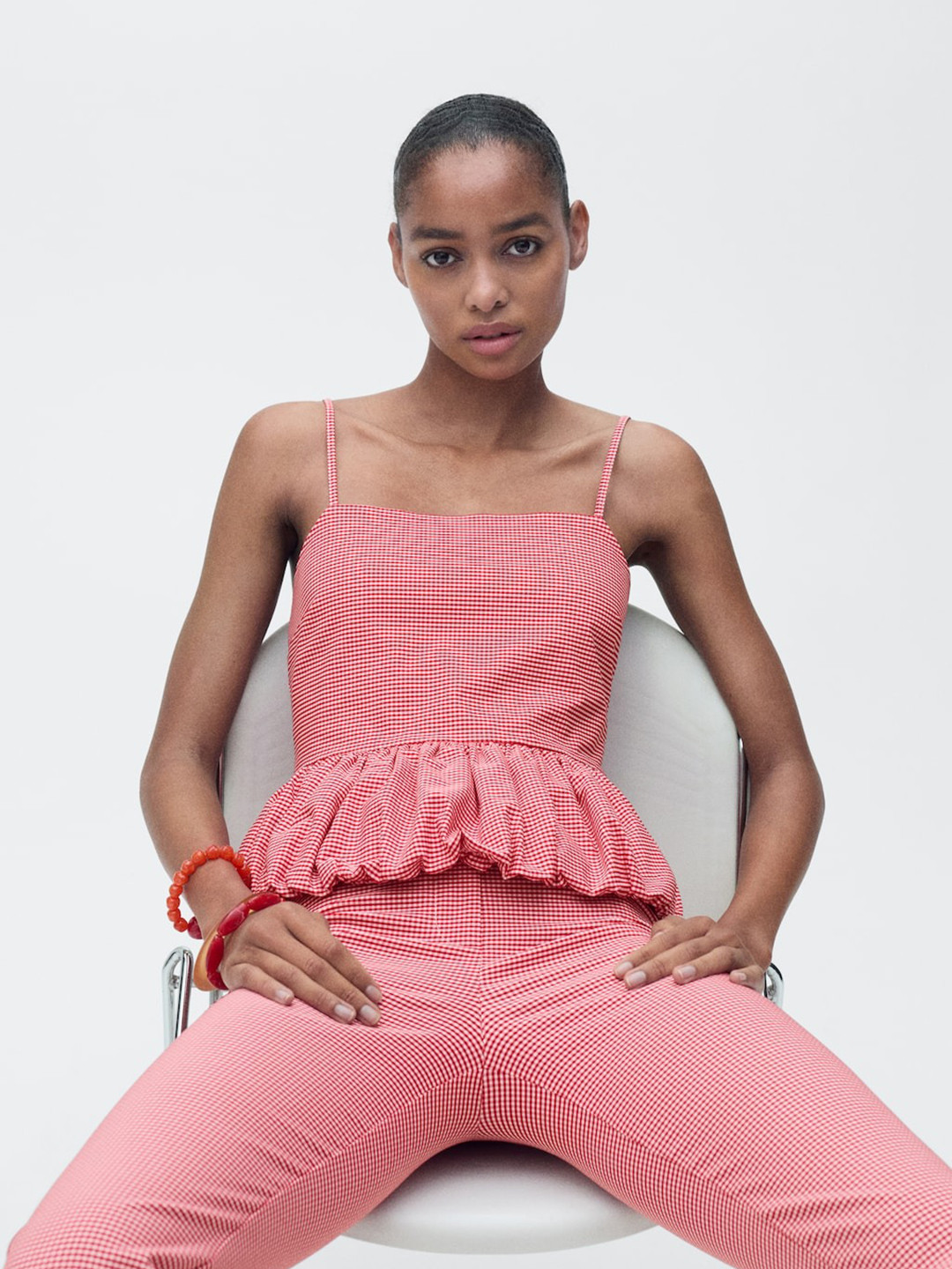 MANGO Gingham-Checked Top with Ruffle Detail