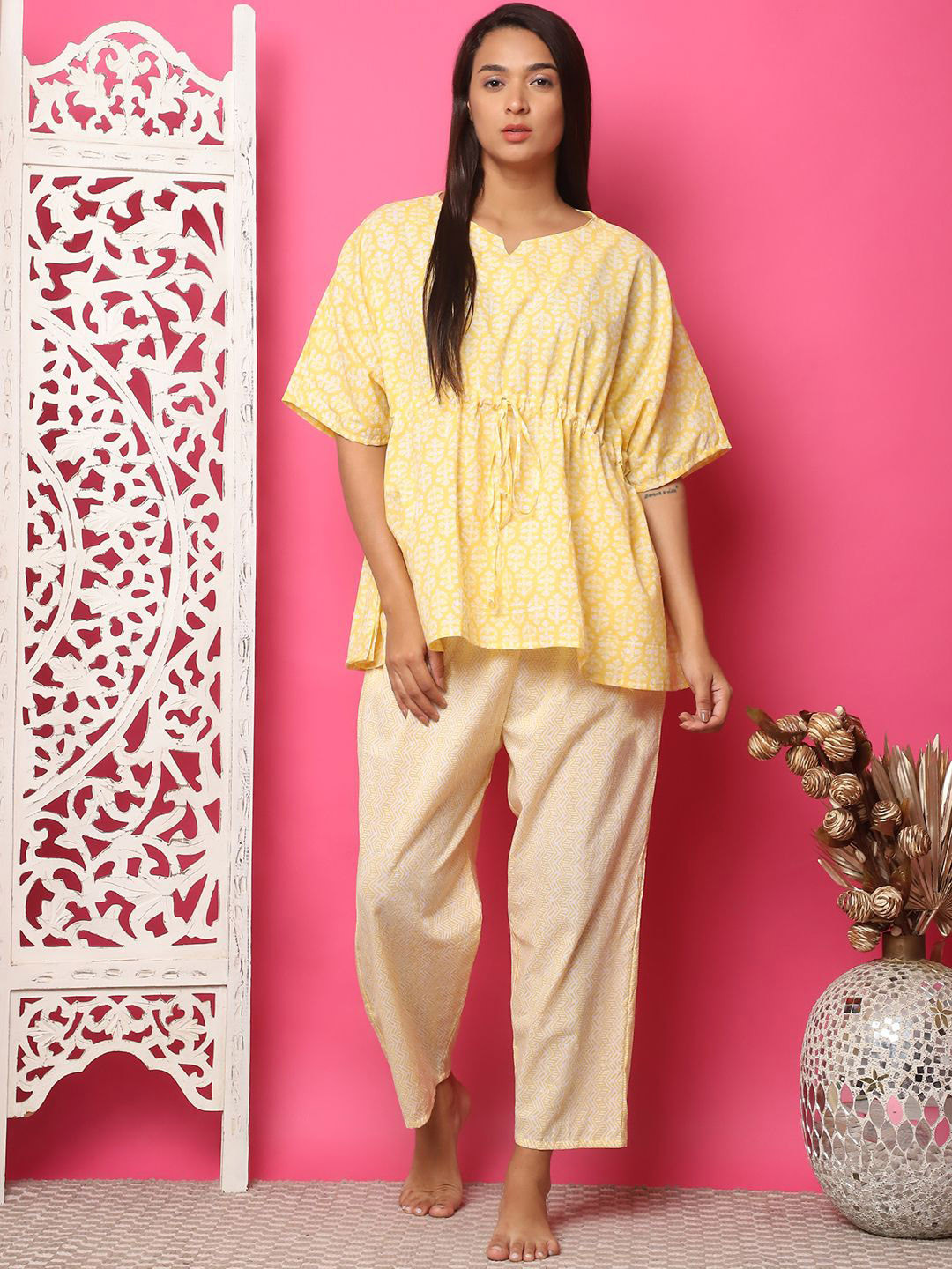ETC Women Ethnic Motifs Printed Cotton Kaftan and Pant Nightsuit Set