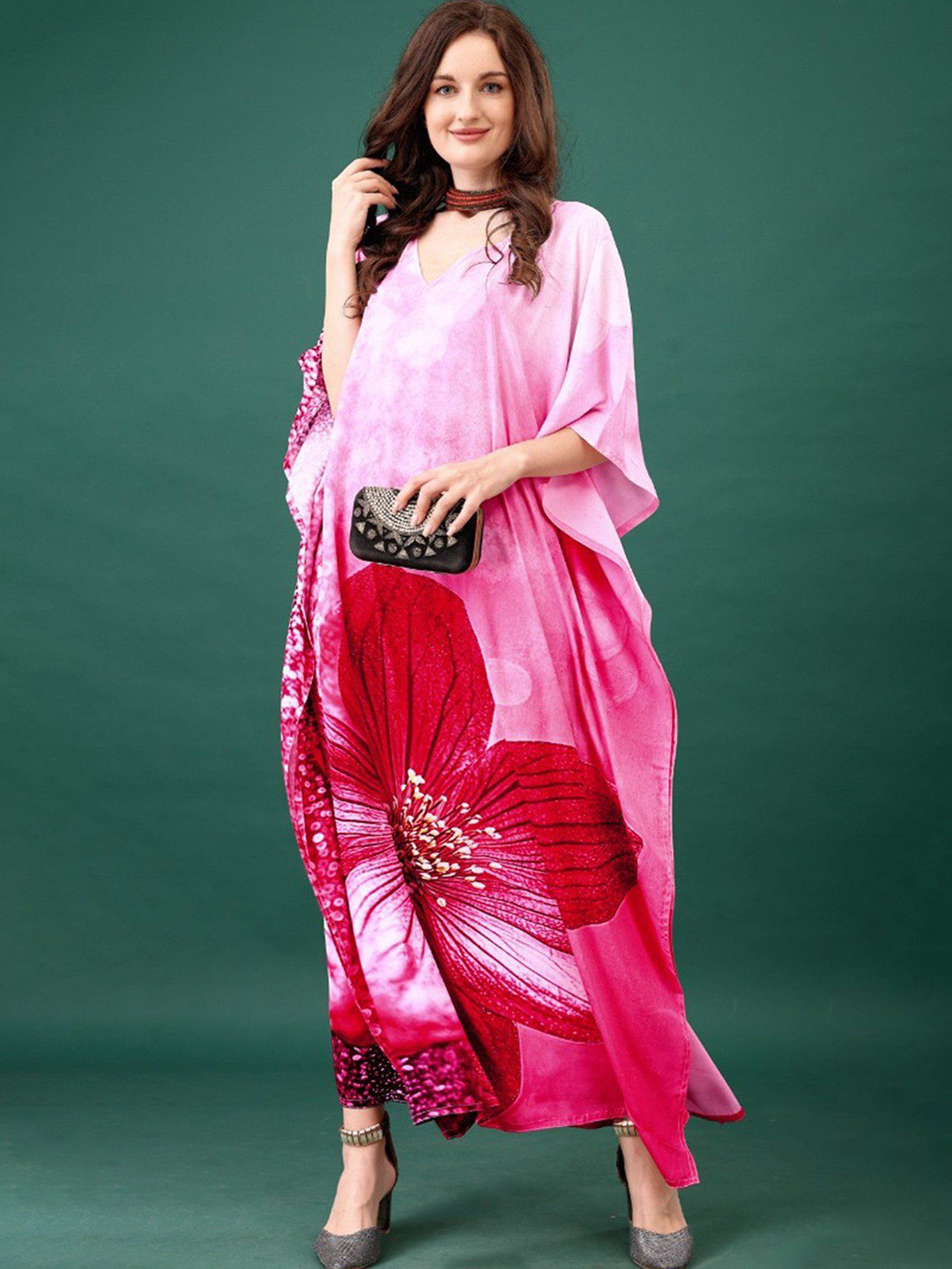 Exotic India Geranium-Pink Long Kaftan with Printed Hibiscus Flower