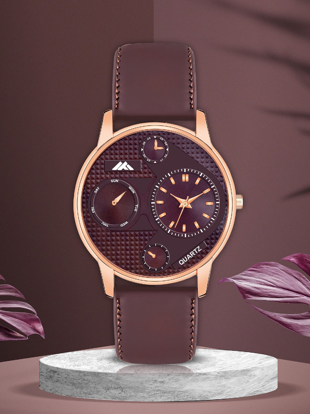 DOUBLERUN Men Dial & Leather Bracelet Style Straps Analogue Multi Function Watch H05NMT-29