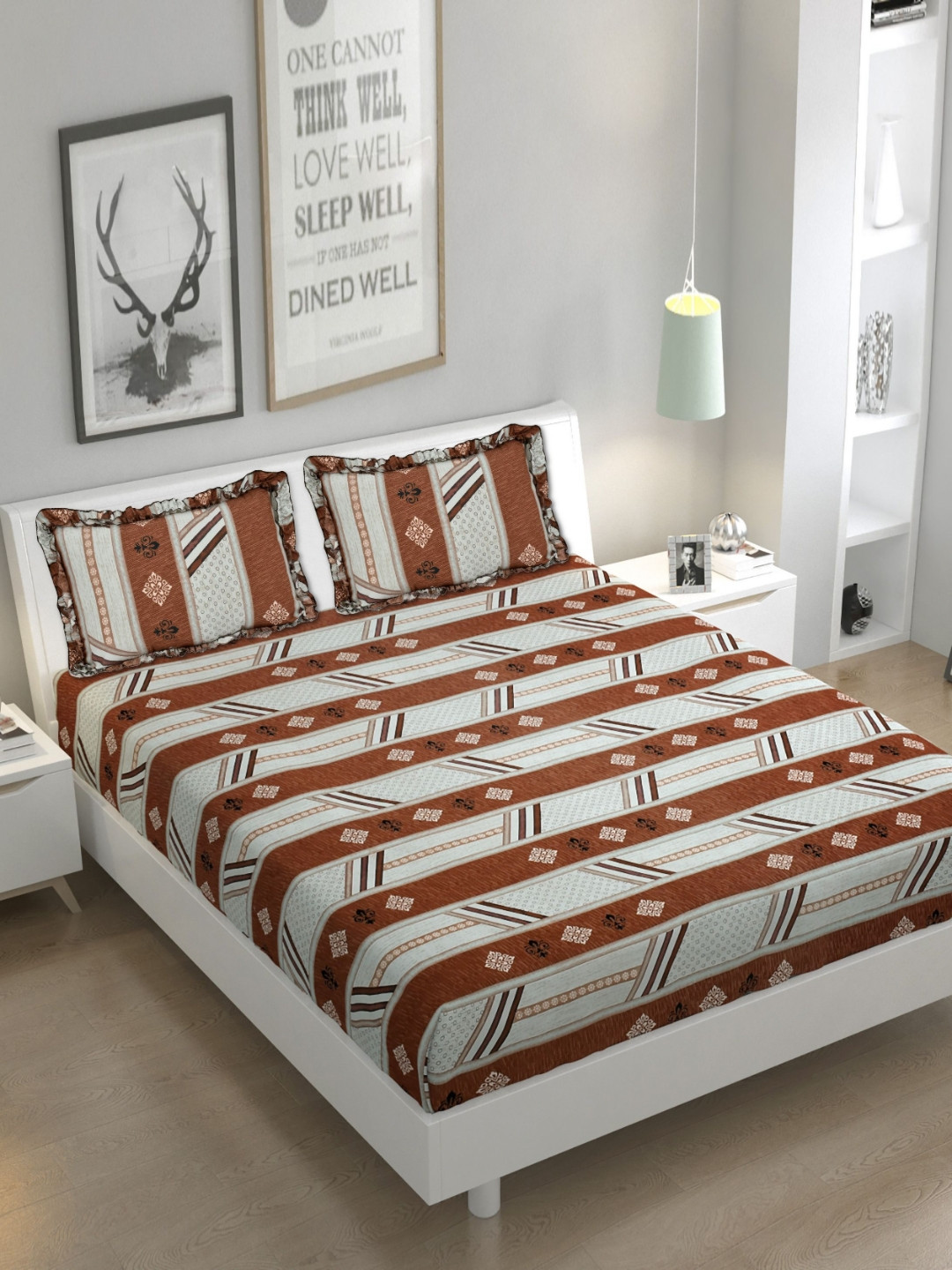 Luxmi Cotton Fabrics Grey Striped Polycotton 144 TC Fitted Queen Bedsheet with 2 Pillow Covers-94 x 89 inches