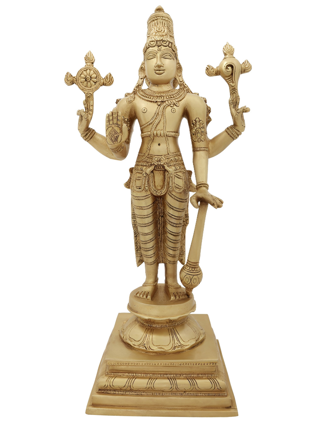 Exotic India Sthanaka Vishnu Gold Brass Metallic Prayer Room Hand-Crafted Medium Showpiece - 20 Inches