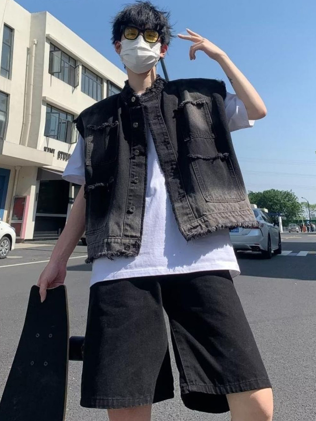 KPOP Men Stand Collar Sleeveless Cotton Denim Jacket