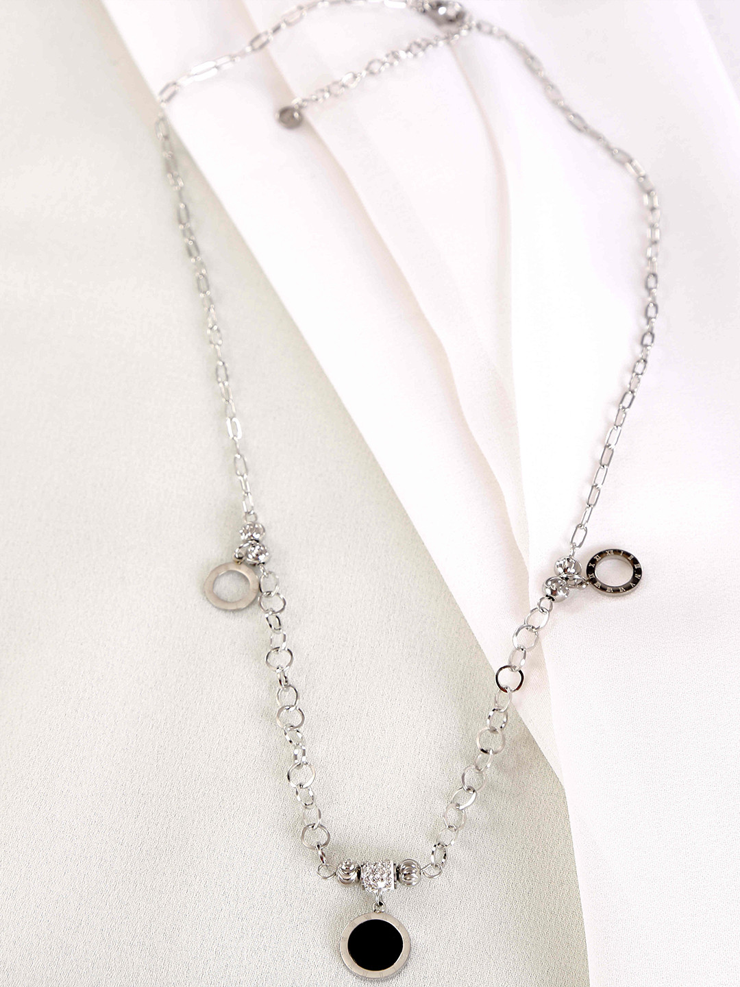 Cazines Stainless Steel Silver-Plated Artificial Stones Studded Chain