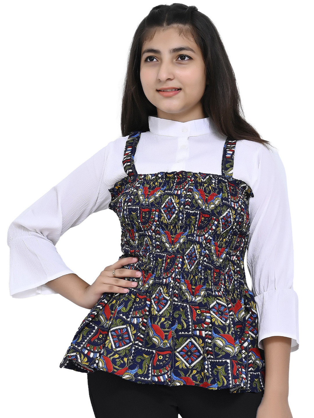 LIME N LEMON Girls Abstract Printed Mandarin Collar Peplum Top