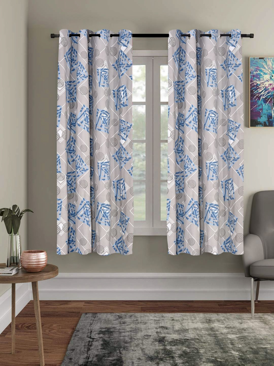 RRC Grey & Blue 2 Pieces Geometric Printed Microfiber Cotton Window Curtain - 5ft