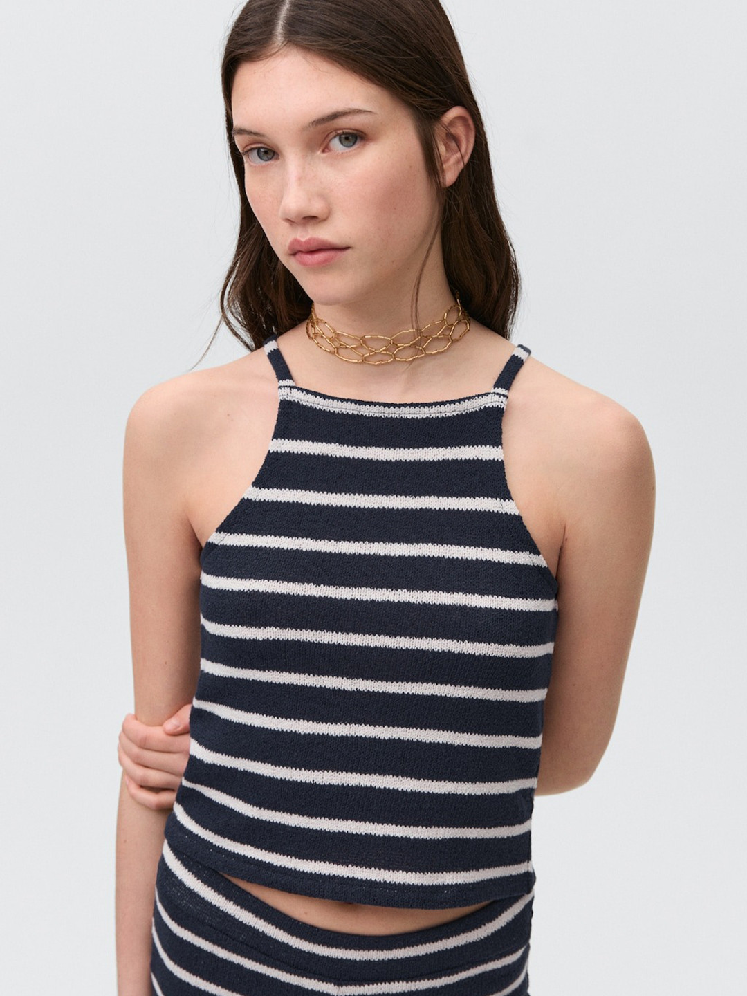 MANGO Horizontally Self-Striped Crop Tank Top
