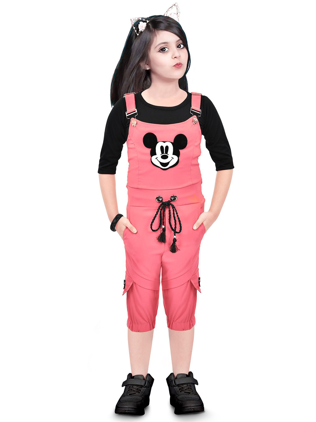 NAIVETY Girls Printed Dungaree With T-Shirt