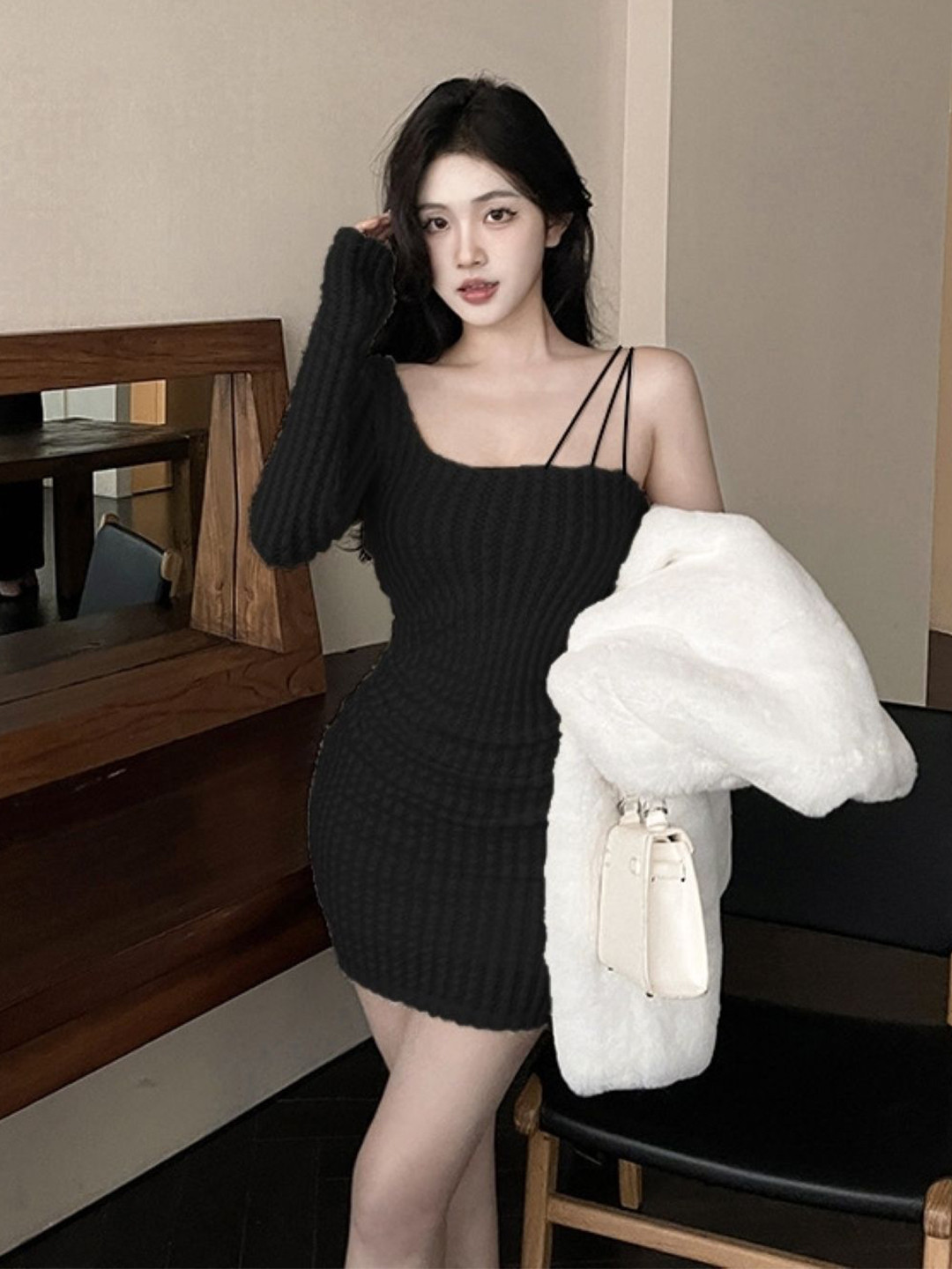 KPOP Women Solid Black Bodycon Dress
