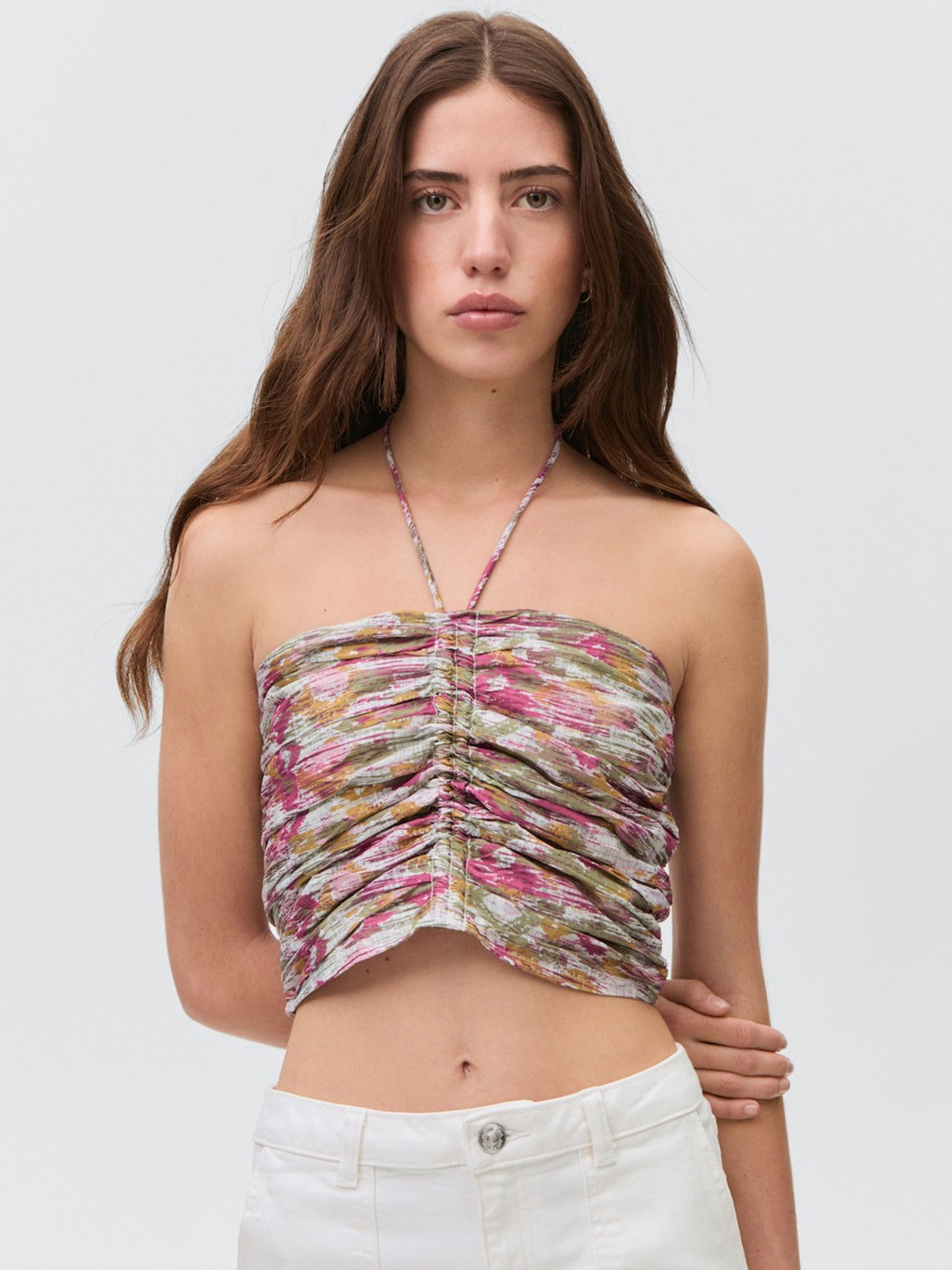 MANGO Abstract Print Tie-Up Neck Ruched Pure Cotton Crop Fitted Top