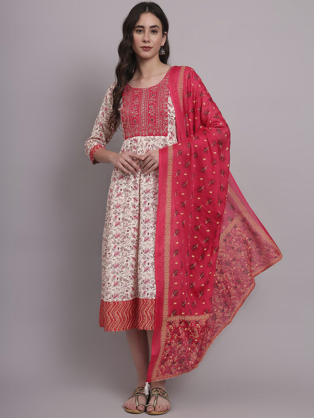 aayusika Embroidered Fit & Flared Ethnic Dresses With Dupatta