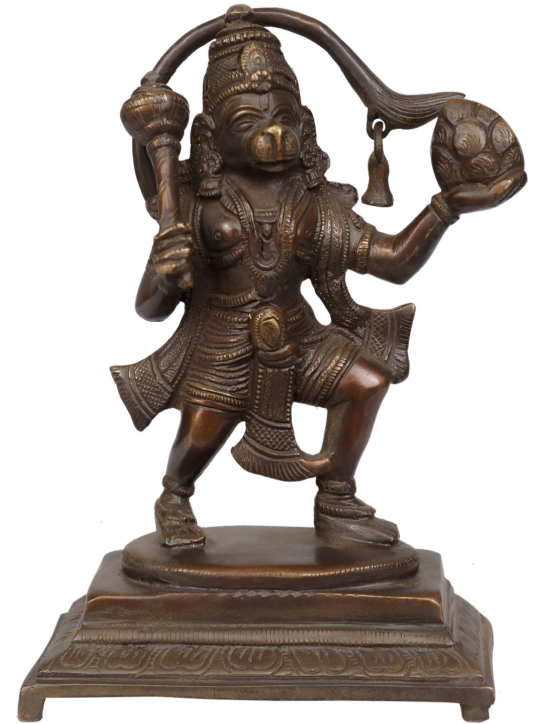 Exotic India Lord Hanuman Statue with Sanjeevani Herb Brown Brass Metallic Prayer Room Hand Made Small Showpiece - 6.5 Inches