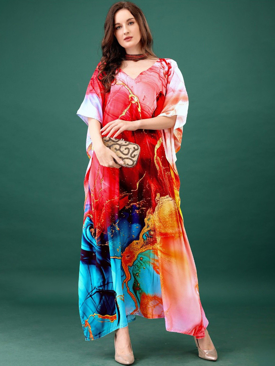 Exotic India Women V-Neck Long Kaftan with Printed Vibrant Abstract Pattern