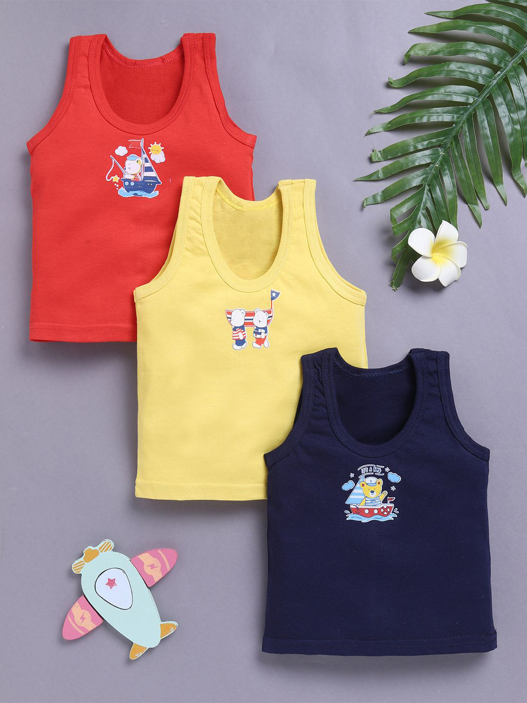 Unfab Infant Boys Assorted Pack Of 3 Printed Cotton Basic Vests R-W70-BOYS-VEST