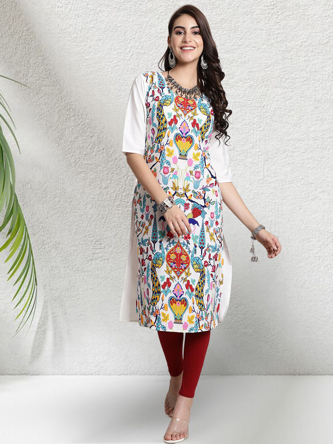 HERE&NOW Ethnic Motifs Printed Round Neck Straight Kurta