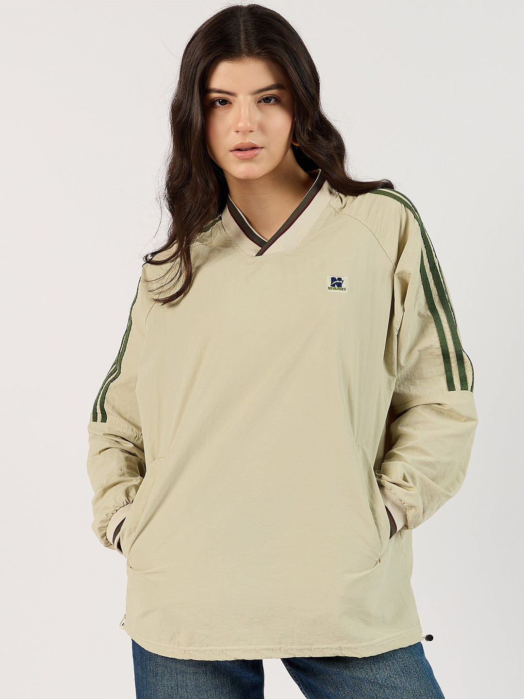 Outzidr Beige V Neck Oversized Sweatshirt