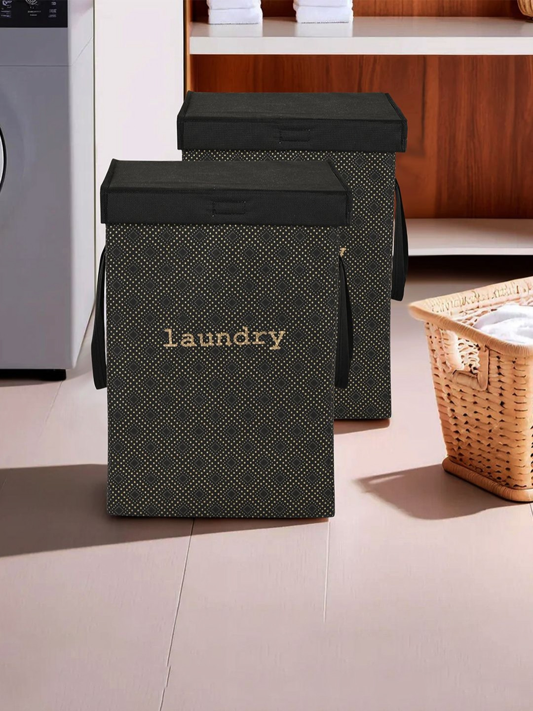 Myntra Elegant Homes 2Pcs Black Printed Foldable Laundry Bags - 75 L Each