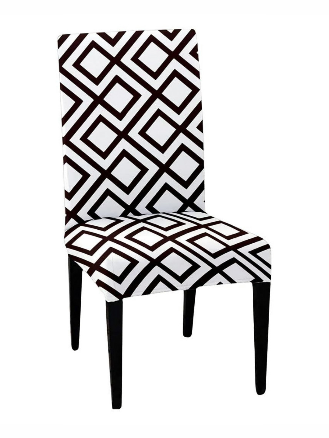 Lazi 200 GSM White & Black Geometric Stretchable Dining Chair Cover