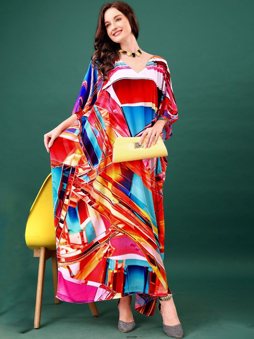 Exotic India Women Long Kaftan with Printed Abstract Pattern Dress
