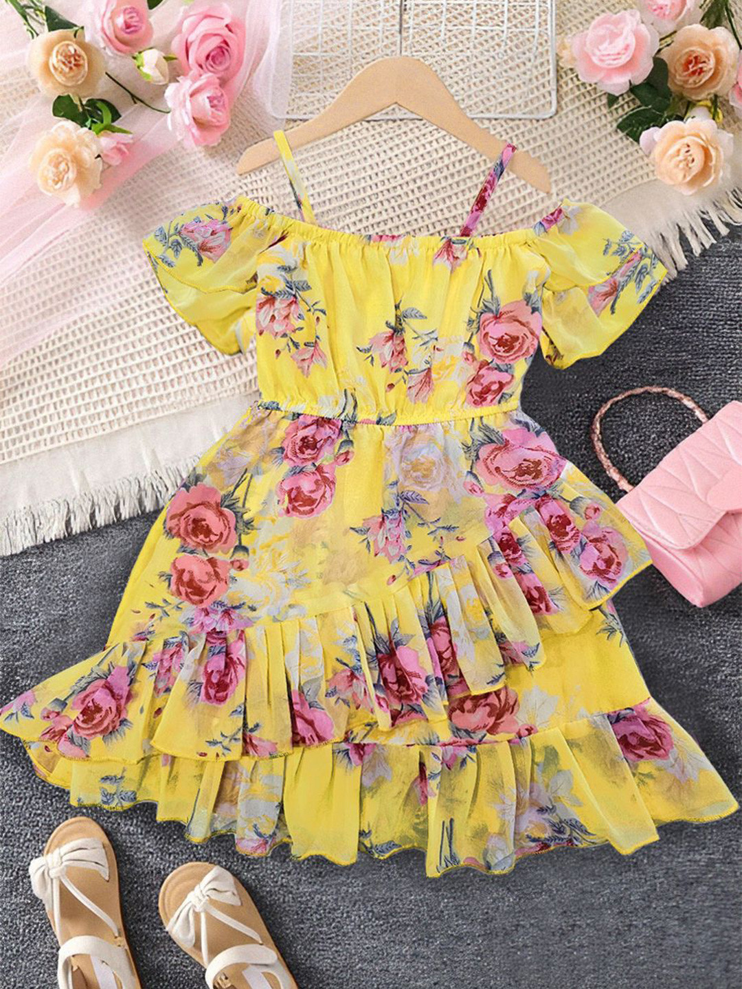 KAARIGARI Girls Floral Print Georgette Fit & Flare Midi Dress