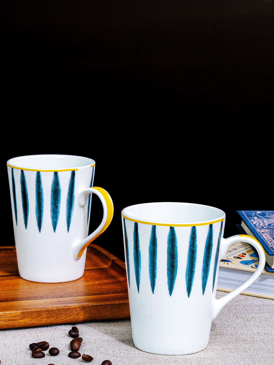 GOODHOMES Whispers of Warli White Striped Bone China Microwave Safe 2 Piece Mugs-360ml