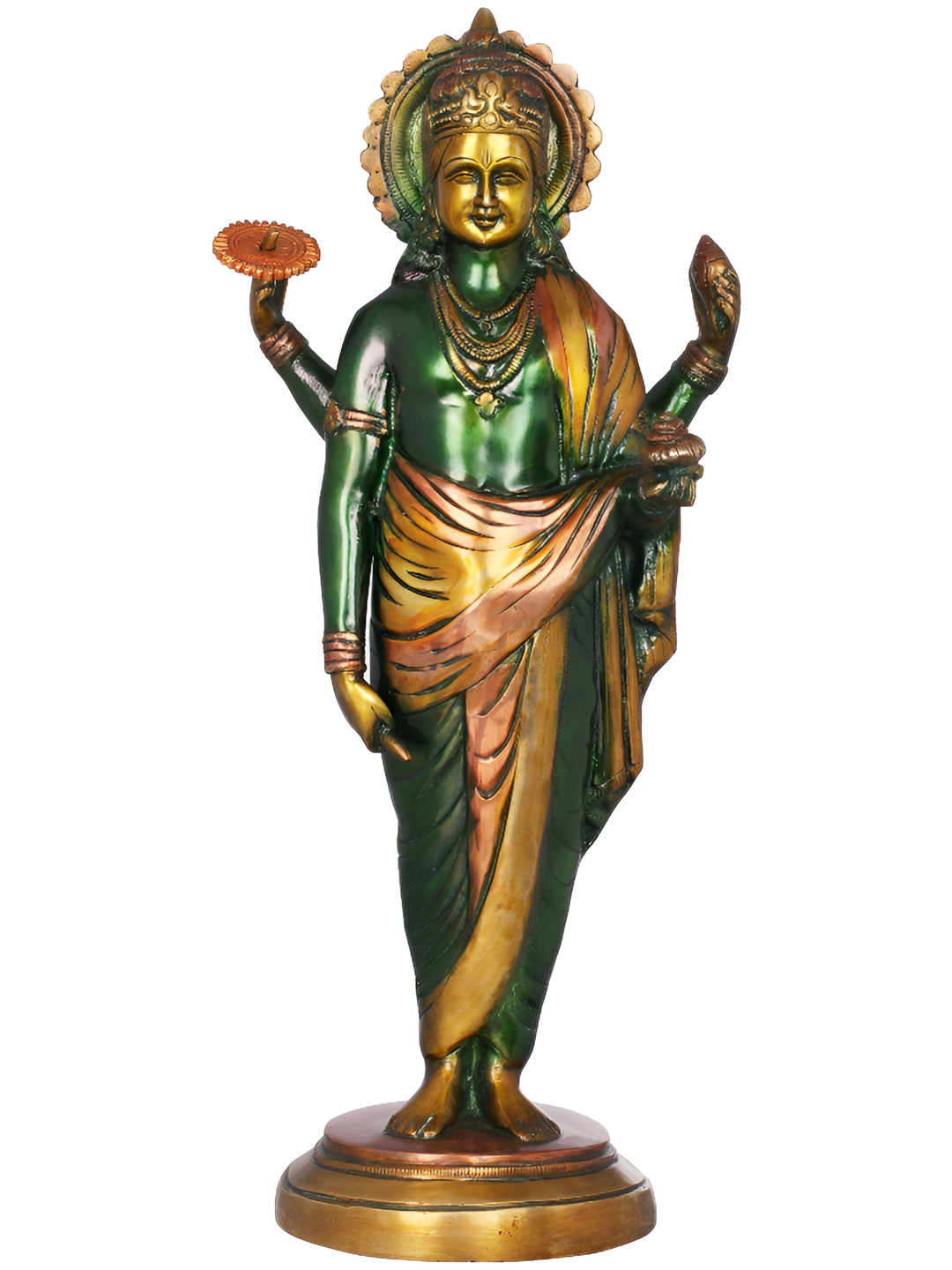 Exotic India Dhanvantari Brown Brass Metallic Prayer Room Hand Made Small Showpiece - 19 Inches