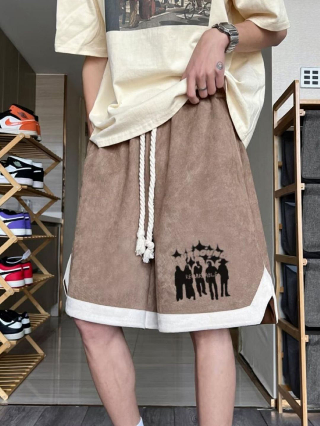 Khaki Graphic Printed Regular Fit Above Knee Shorts