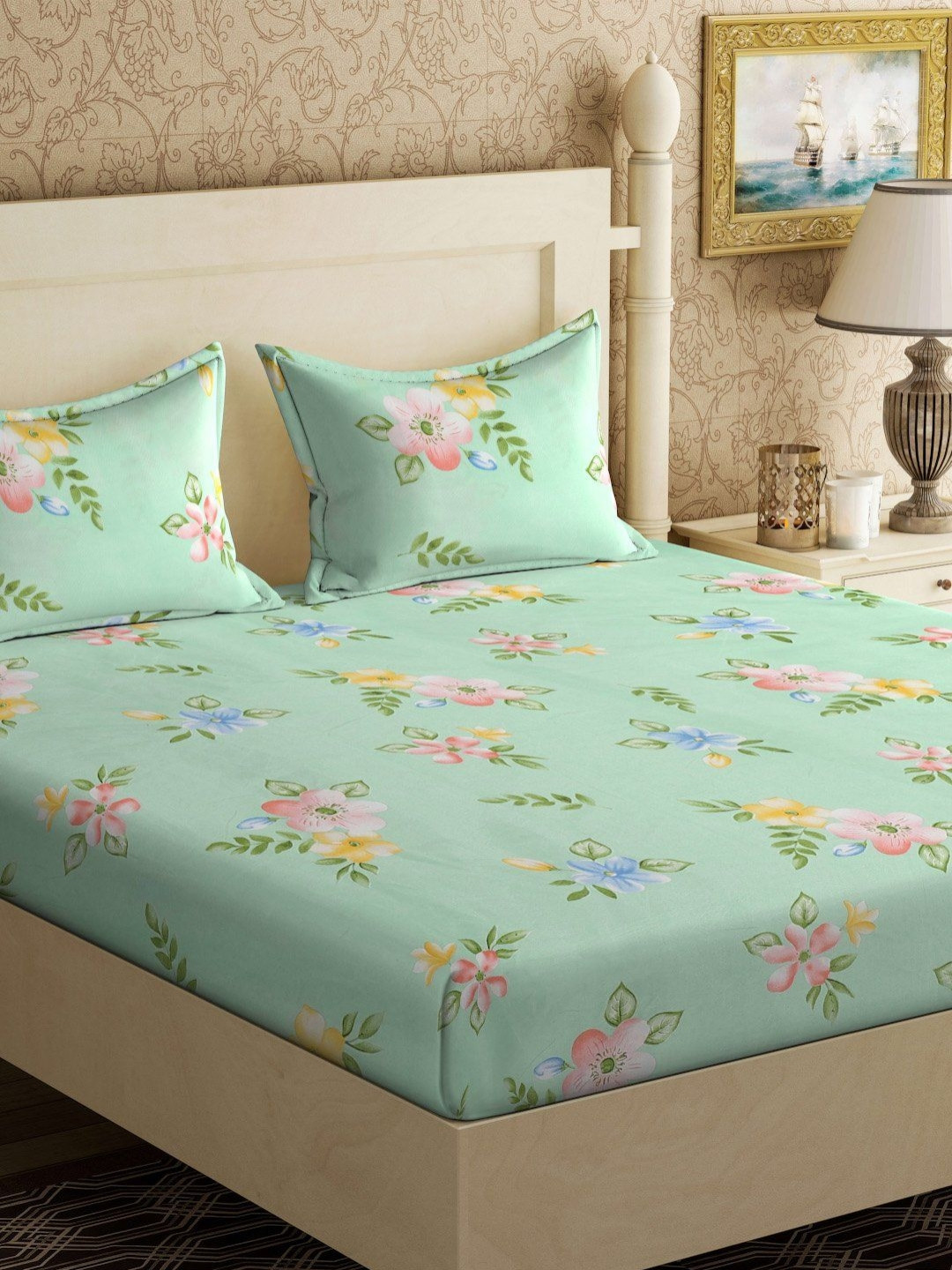 Myntra Elegant Homes Book Fold Green & Pink Printed 300 TC King Bedsheet Set 2.5 x 2.25 m