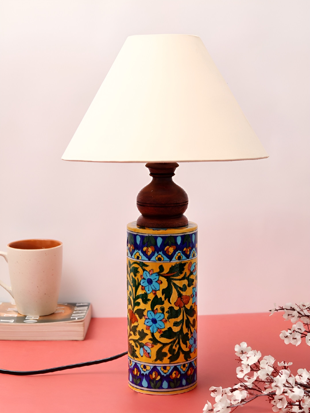 Unravel India Printed Ceramic Triangle Table Lamp
