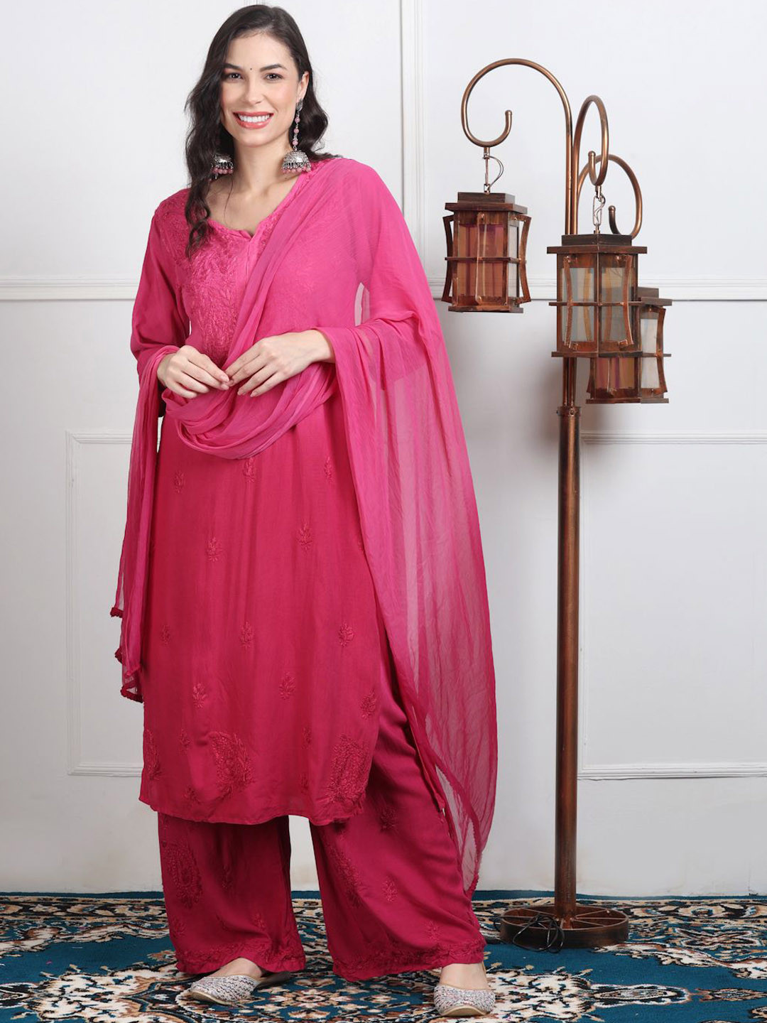 KHAKA Women Woven Design Embroidered Kurti with Palazzos & Dupatta