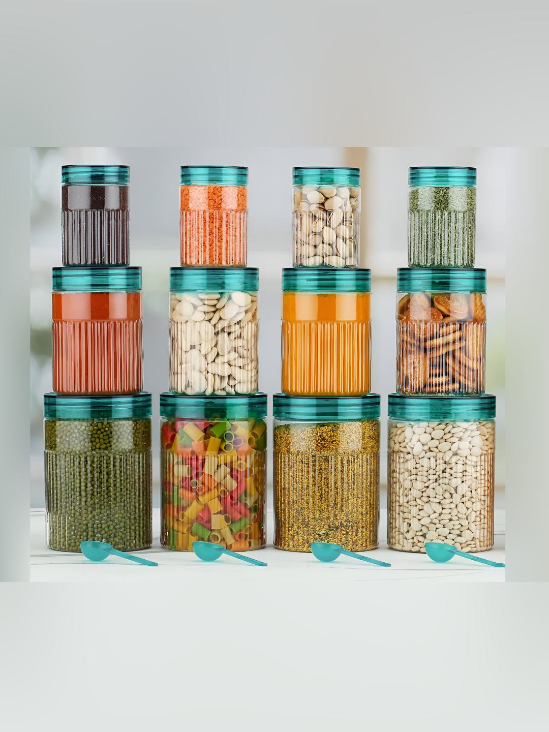 Reeq Sea Green Striped Plastic Easy To Clean 12 Piece Screw Top Canister