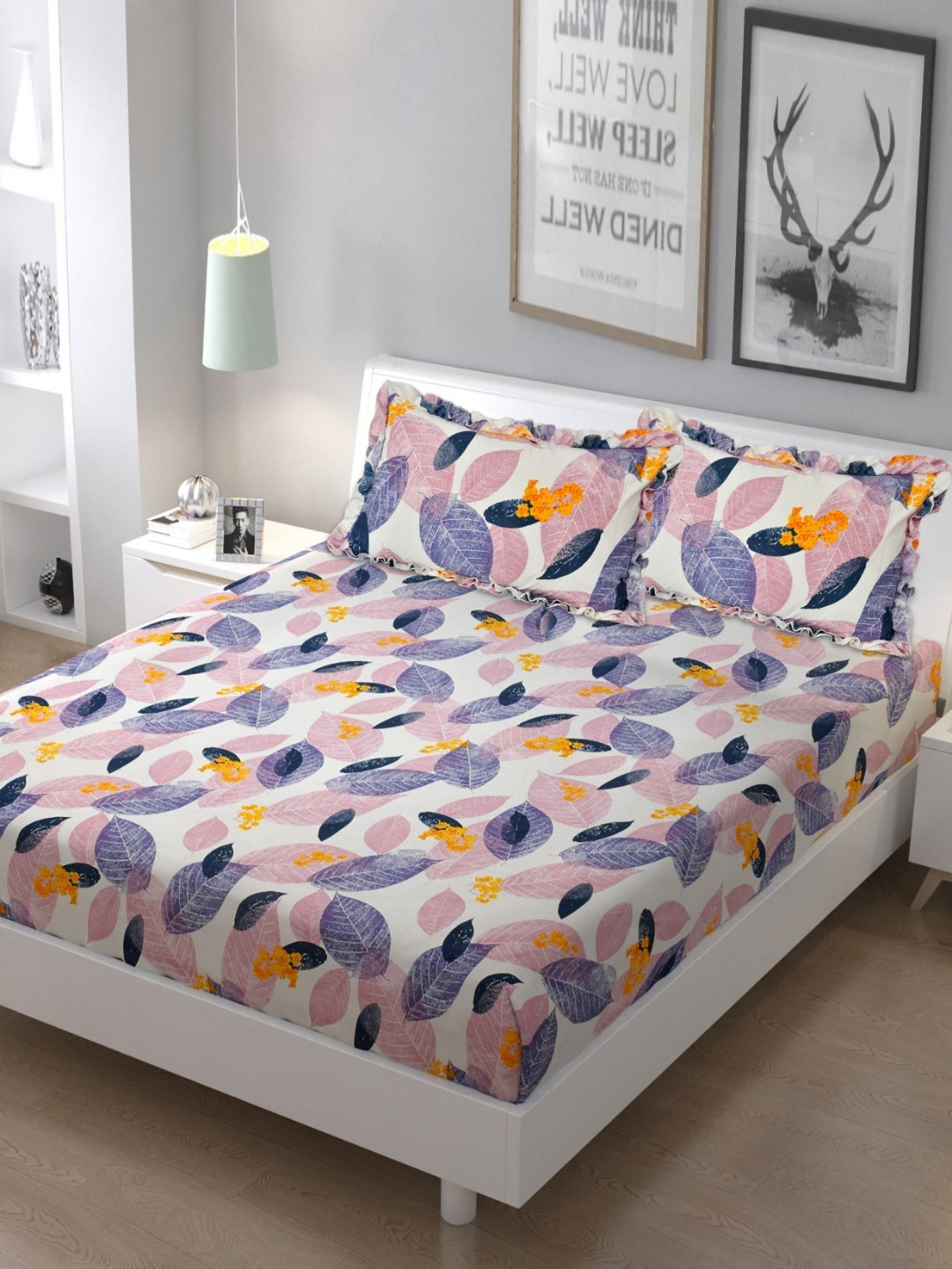 Luxmi Cotton Fabrics White Leaf Polycotton Skin-Friendly 144 TC Queen Bedsheet with 2 Pillow Covers-240 x 225 cm